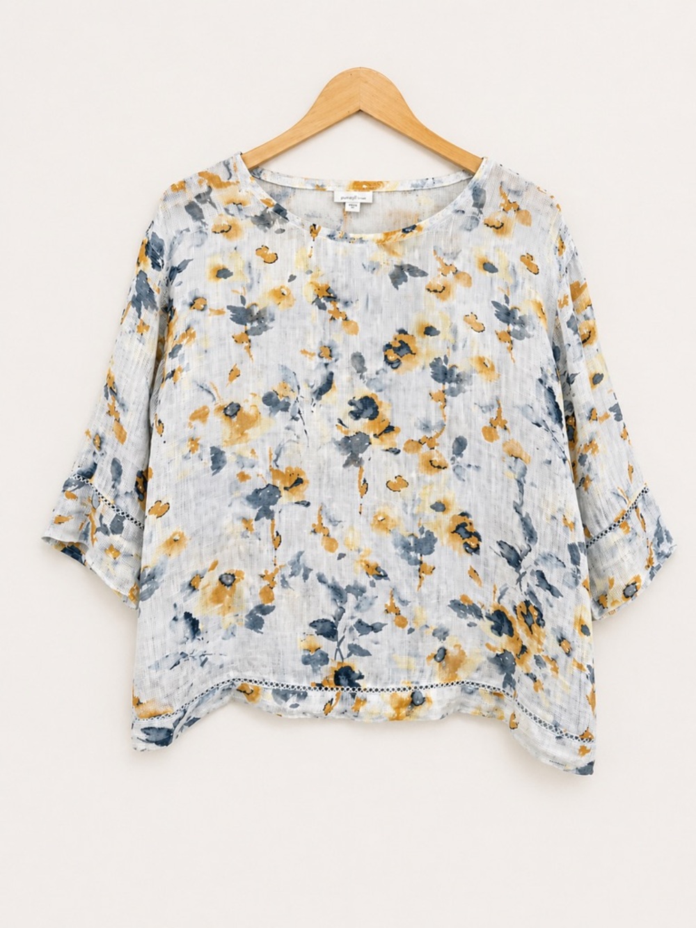 J. Jill Pure Jill Linen Floral Top M Blue Yellow Watercolor 3/4 Sleeve